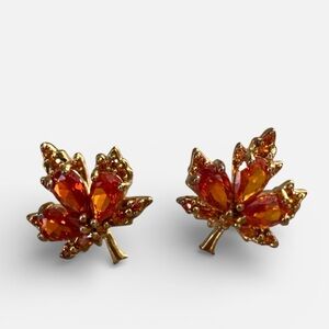 Orange Golden Crystal Fall Autumn Leaf Gold Tone Earrings Bohemian Pumpkin Spice